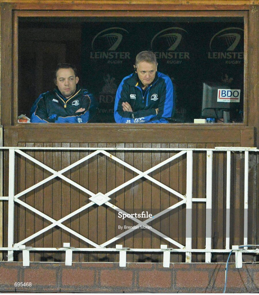 27 October 2012; Leinster head coach Joe Schmidt and forwards coach Jono Gibbes look on during the game. Celtic League 2012/13, Round 7, Leinster v Cardiff Blues, RDS, Ballsbridge, Dublin. Picture credit: Brendan Moran / SPORTSFILE