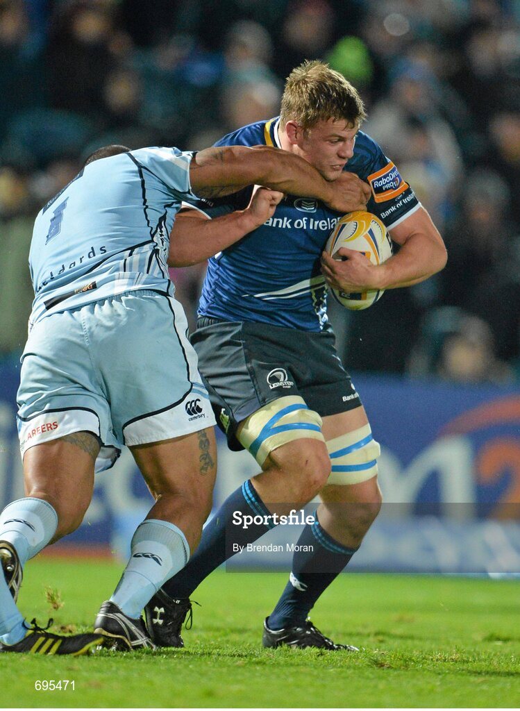 27 October 2012; Jordi Murphy, Leinster, is tackled by Tafa'ao Filise, Cardiff Blues. Celtic League 2012/13, Round 7, Leinster v Cardiff Blues, RDS, Ballsbridge, Dublin. Picture credit: Brendan Moran / SPORTSFILE