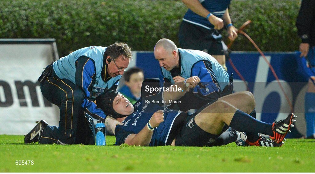 27 October 2012; Mike Ross, Leinster, is attended to by team doctor John Ryan and team physio Garreth Farrell. Celtic League 2012/13, Round 7, Leinster v Cardiff Blues, RDS, Ballsbridge, Dublin. Picture credit: Brendan Moran / SPORTSFILE