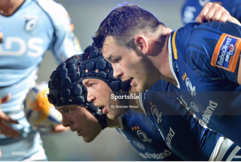 27 October 2012; The Leinster front row, consisting of all Irish qualified players, from left, Mike Ross, Richardt Strauss and Cian Healy. Celtic League 2012/13, Round 7, Leinster v Cardiff Blues, RDS, Ballsbridge, Dublin. Picture credit: Brendan Moran / SPORTSFILE