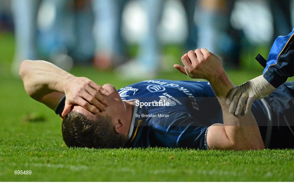 27 October 2012; Leinster's Brian O'Driscoll reacts after receiving a leg injury in the first half. Celtic League 2012/13, Round 7, Leinster v Cardiff Blues, RDS, Ballsbridge, Dublin. Picture credit: Brendan Moran / SPORTSFILE