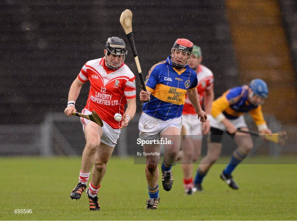 28 October 2012; Eddie McCloskey, Loughgiel Shamrocks, in action against Jerome Trainor, St. Patricks, Portaferry. AIB Ulster GAA Hurling Senior Club Championship Final, Loughgiel Shamrocks v St. Patricks, Portaferry, Casement Park, Belfast, Co. Antrim. Photo by Sportsfile