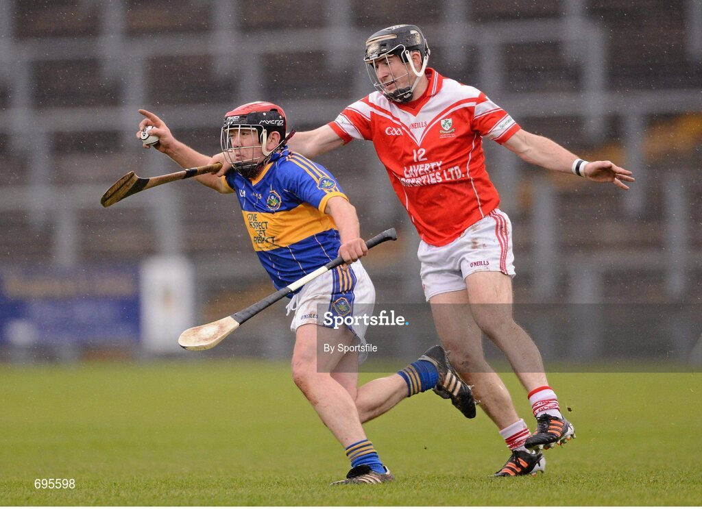 28 October 2012; Jerome Trainor, St. Patricks, Portaferry, in action against Eddie McCloskey, Loughgiel Shamrocks. AIB Ulster GAA Hurling Senior Club Championship Final, Loughgiel Shamrocks v St. Patricks, Portaferry, Casement Park, Belfast, Co. Antrim. Photo by Sportsfile
