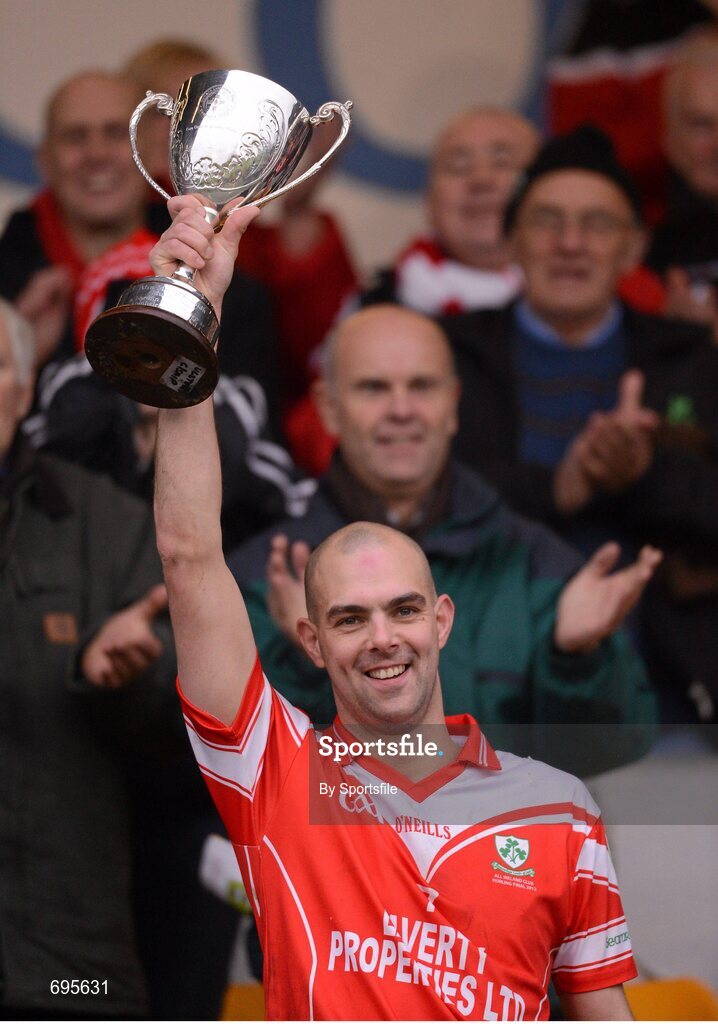 28 October 2012; Loughgiel Shamrocks captain Johnny Campbell lifts the cup. AIB Ulster GAA Hurling Senior Club Championship Final, Loughgiel Shamrocks v St. Patricks, Portaferry, Casement Park, Belfast, Co. Antrim. Photo by Sportsfile