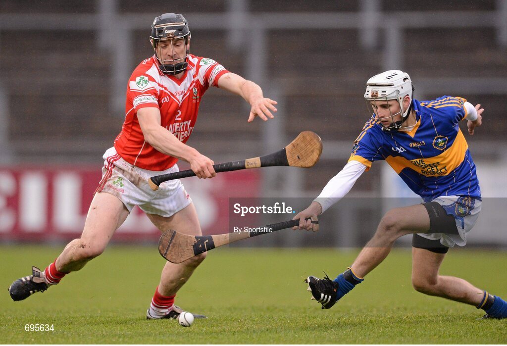 28 October 2012; Eoghan Sands, St. Patricks, Portaferry, in action against Paul Gillan, Loughgiel Shamrocks. AIB Ulster GAA Hurling Senior Club Championship Final, Loughgiel Shamrocks v St. Patricks, Portaferry, Casement Park, Belfast, Co. Antrim. Photo by Sportsfile
