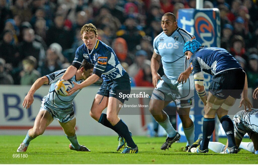 27 October 2012; Eoin Reddan, Leinster, in action against Lloyd Williams, Cardiff Blues. Celtic League 2012/13, Round 7, Leinster v Cardiff Blues, RDS, Ballsbridge, Dublin. Picture credit: Brendan Moran / SPORTSFILE