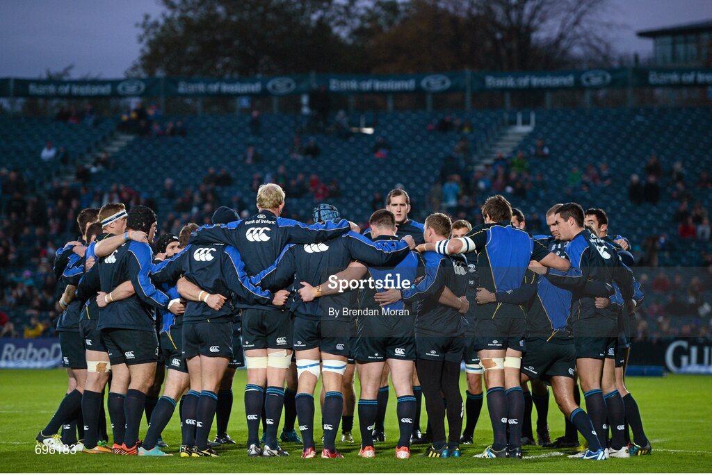 27 October 2012; The Leinster squad gather together in a huddle before the game. Celtic League 2012/13, Round 7, Leinster v Cardiff Blues, RDS, Ballsbridge, Dublin. Picture credit: Brendan Moran / SPORTSFILE