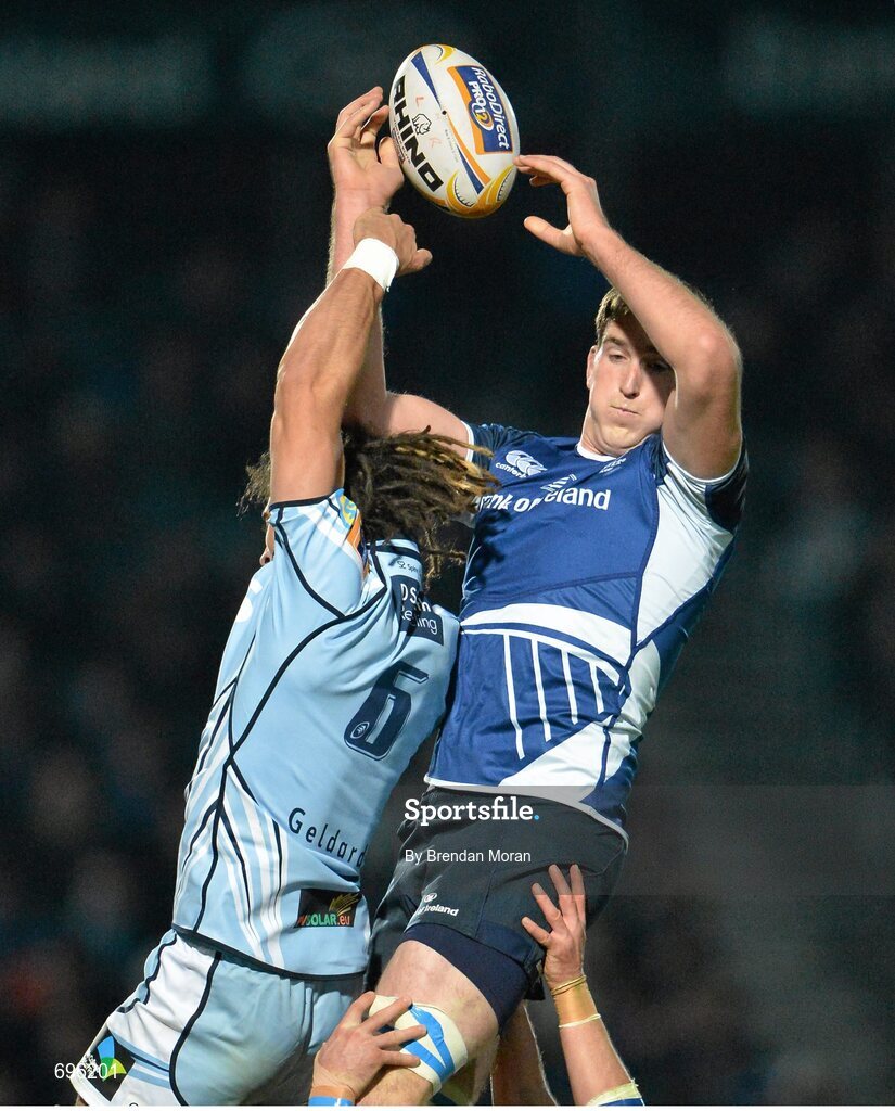 27 October 2012; Devin Toner, Leinster, contests a lineout with Josh Navedi, Cardiff Blues. Celtic League 2012/13, Round 7, Leinster v Cardiff Blues, RDS, Ballsbridge, Dublin. Picture credit: Brendan Moran / SPORTSFILE