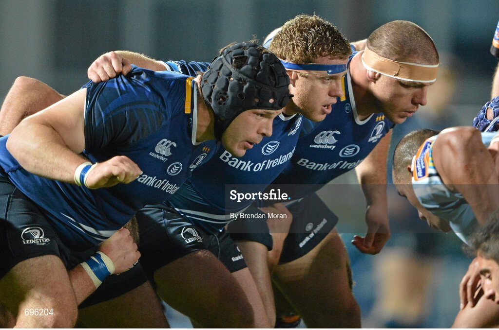 27 October 2012; The Leinster front row of, from left, Mike Ross, Sean Cronin and Heinke van der Merwe. Celtic League 2012/13, Round 7, Leinster v Cardiff Blues, RDS, Ballsbridge, Dublin. Picture credit: Brendan Moran / SPORTSFILE
