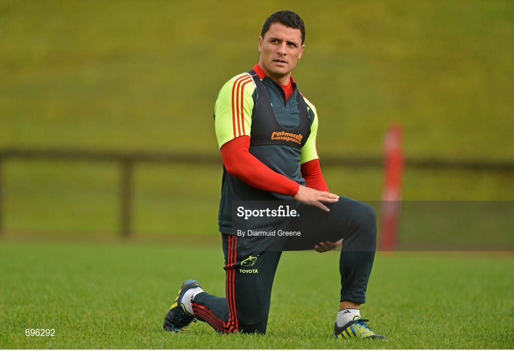 31 October 2012; Munster's Doug Howlett stretches during squad training ahead of their side's Celtic League 2012/13, Round 8, match against Cardiff Blues on Friday. Munster Rugby Squad Training, University of Limerick, Limerick. Picture credit: Diarmuid Greene / SPORTSFILE