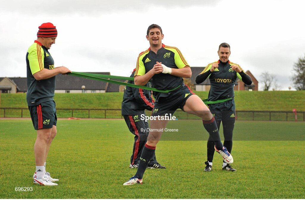 31 October 2012; Munster players, from left to right, James Coughlan, James Downey and Niall Ronan train separate from team-mates during squad training ahead of their side's Celtic League 2012/13, Round 8, match against Cardiff Blues on Friday. Munster Rugby Squad Training, University of Limerick, Limerick. Picture credit: Diarmuid Greene / SPORTSFILE
