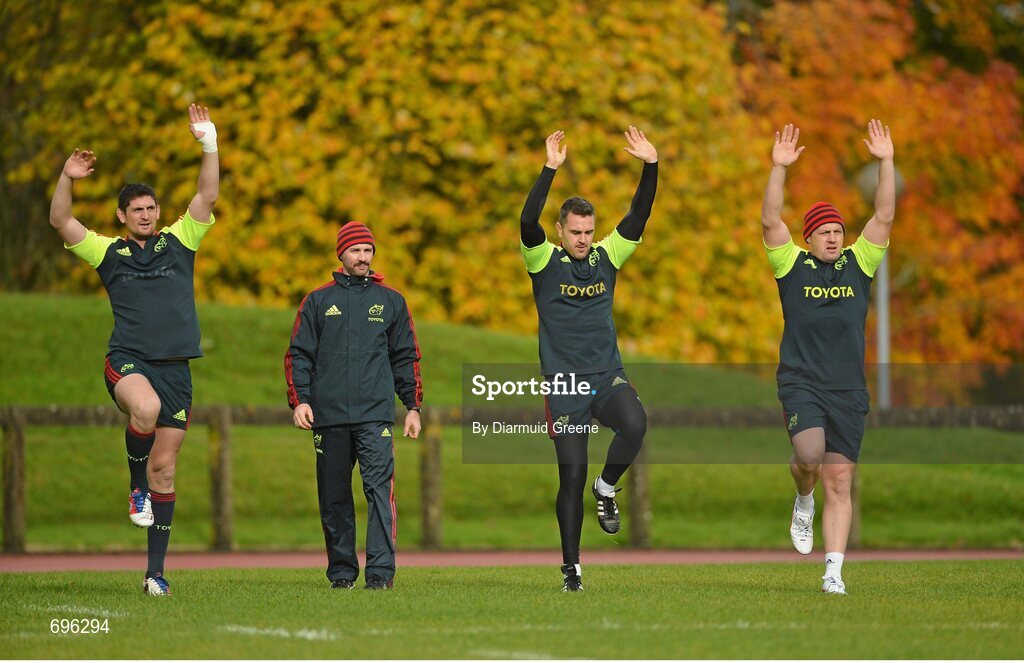31 October 2012; Munster players, from left to right, James Downey, Niall Ronan and James Coughlan, watched by strength and rehab coach Aled Walters, train separate from team-mates during squad training ahead of their side's Celtic League 2012/13, Round 8, match against Cardiff Blues on Friday. Munster Rugby Squad Training, University of Limerick, Limerick. Picture credit: Diarmuid Greene / SPORTSFILE