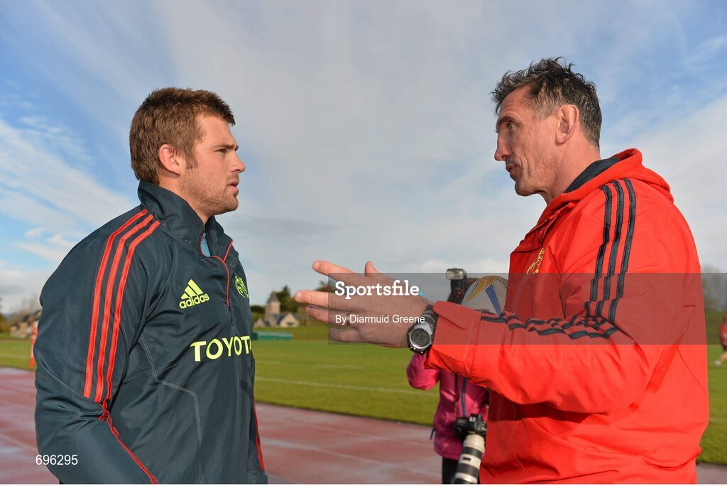 31 October 2012; Munster head coach Rob Penney in conversation with CJ Stander after squad training ahead of their side's Celtic League 2012/13, Round 8, match against Cardiff Blues on Friday. Munster Rugby Squad Training, University of Limerick, Limerick. Picture credit: Diarmuid Greene / SPORTSFILE