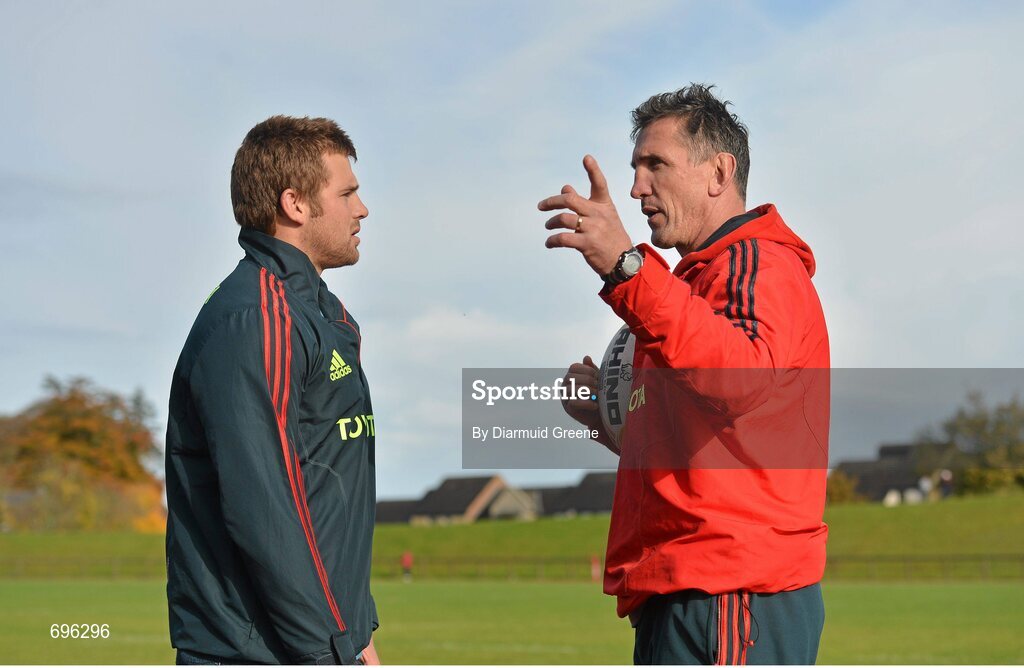31 October 2012; Munster head coach Rob Penney in conversation with CJ Stander after squad training ahead of their side's Celtic League 2012/13, Round 8, match against Cardiff Blues on Friday. Munster Rugby Squad Training, University of Limerick, Limerick. Picture credit: Diarmuid Greene / SPORTSFILE