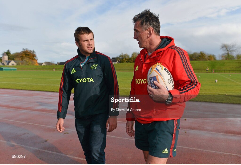 31 October 2012; Munster head coach Rob Penney in conversation with CJ Stander after squad training ahead of their side's Celtic League 2012/13, Round 8, match against Cardiff Blues on Friday. Munster Rugby Squad Training, University of Limerick, Limerick. Picture credit: Diarmuid Greene / SPORTSFILE