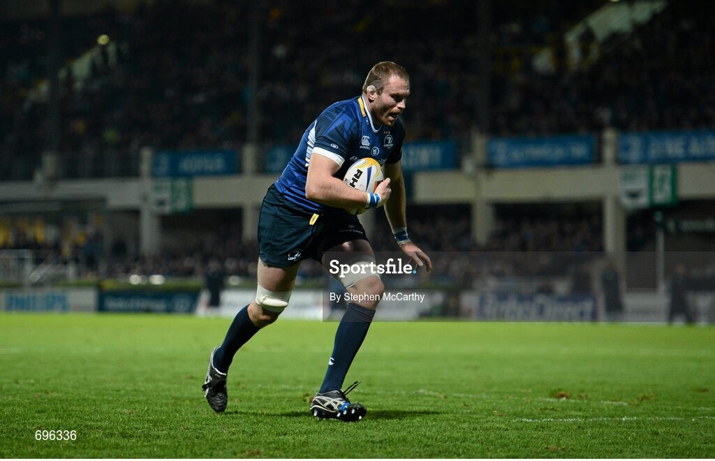 27 October 2012; Damian Browne, Leinster, goes over for his side's eighth try. Celtic League 2012/13, Round 7, Leinster v Cardiff Blues, RDS, Ballsbridge, Dublin. Picture credit: Stephen McCarthy / SPORTSFILE