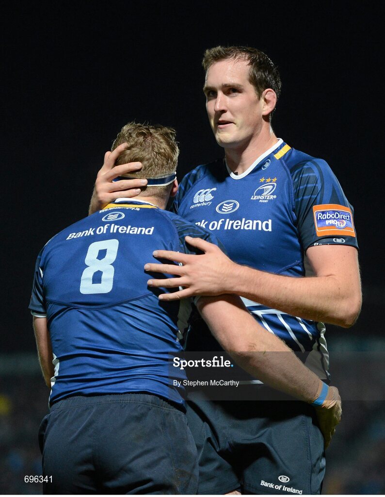 27 October 2012; Jamie Heaslip, Leinster, celebrates after scoring his side's fifth try with team-mate Devin Toner, right. Celtic League 2012/13, Round 7, Leinster v Cardiff Blues, RDS, Ballsbridge, Dublin. Picture credit: Stephen McCarthy / SPORTSFILE