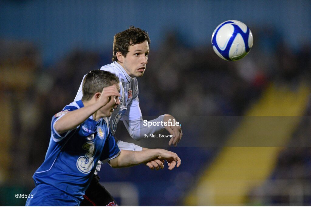 2 November 2012; Paul Whelan, Dundalk, in action against Sean Maguire, Waterford United. Airtricity League Promotion / Relegation Play-Off Final, 2nd Leg, Waterford United v Dundalk, RSC, Waterford. Picture credit: Matt Browne / SPORTSFILE