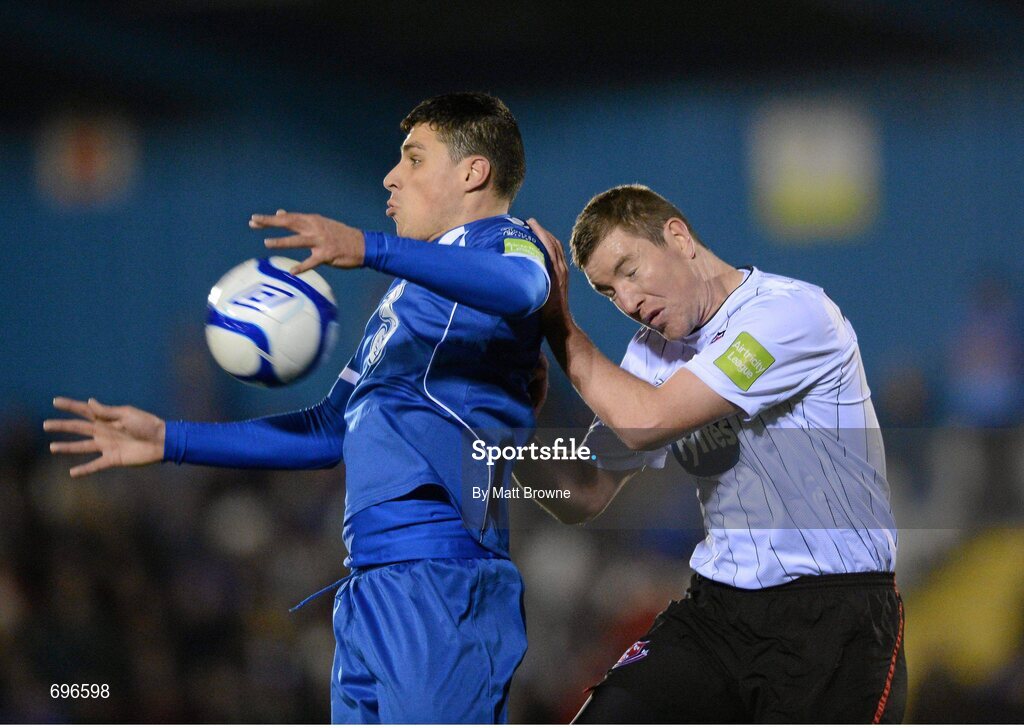 2 November 2012; Daragh Walshe, Waterford United, in action against Liam Burns, Dundalk. Airtricity League Promotion / Relegation Play-Off Final, 2nd Leg, Waterford United v Dundalk, RSC, Waterford. Picture credit: Matt Browne / SPORTSFILE
