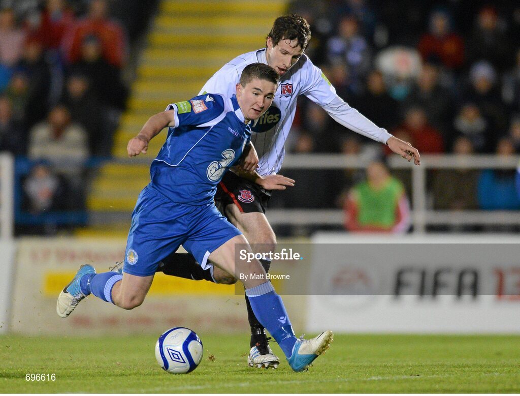 2 November 2012; Sean Maguire, Waterford United, in action against Paul Whelan, Dundalk. Airtricity League Promotion / Relegation Play-Off Final, 2nd Leg, Waterford United v Dundalk, RSC, Waterford. Picture credit: Matt Browne / SPORTSFILE