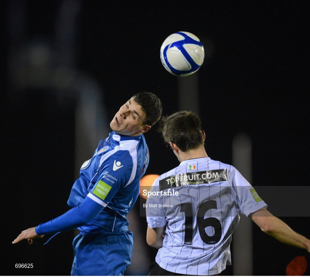 2 November 2012; Daragh Walshe, Waterford United, in action against Stephen McDonnell, Dundalk. Airtricity League Promotion / Relegation Play-Off Final, 2nd Leg, Waterford United v Dundalk, RSC, Waterford. Picture credit: Matt Browne / SPORTSFILE