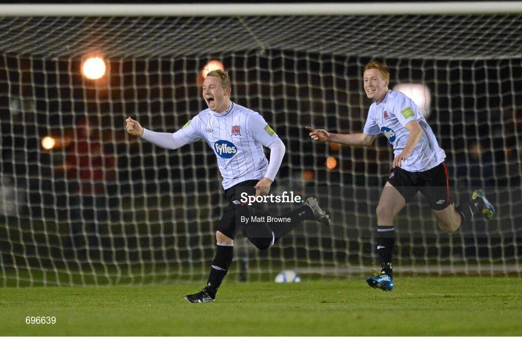 2 November 2012; Michael Rafter, left, Dundalk, celebrates with team-mate Gary Shanahan after scoring his side's first goal. Airtricity League Promotion / Relegation Play-Off Final, 2nd Leg, Waterford United v Dundalk, RSC, Waterford. Picture credit: Matt Browne / SPORTSFILE