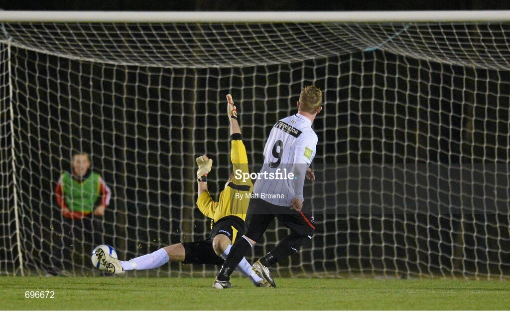 2 November 2012; Michael Rafter, Dundalk, scores the second goal against Waterford United past goalkeeper Packie Holden. Airtricity League Promotion / Relegation Play-Off Final, 2nd Leg, Waterford United v Dundalk, RSC, Waterford. Picture credit: Matt Browne / SPORTSFILE