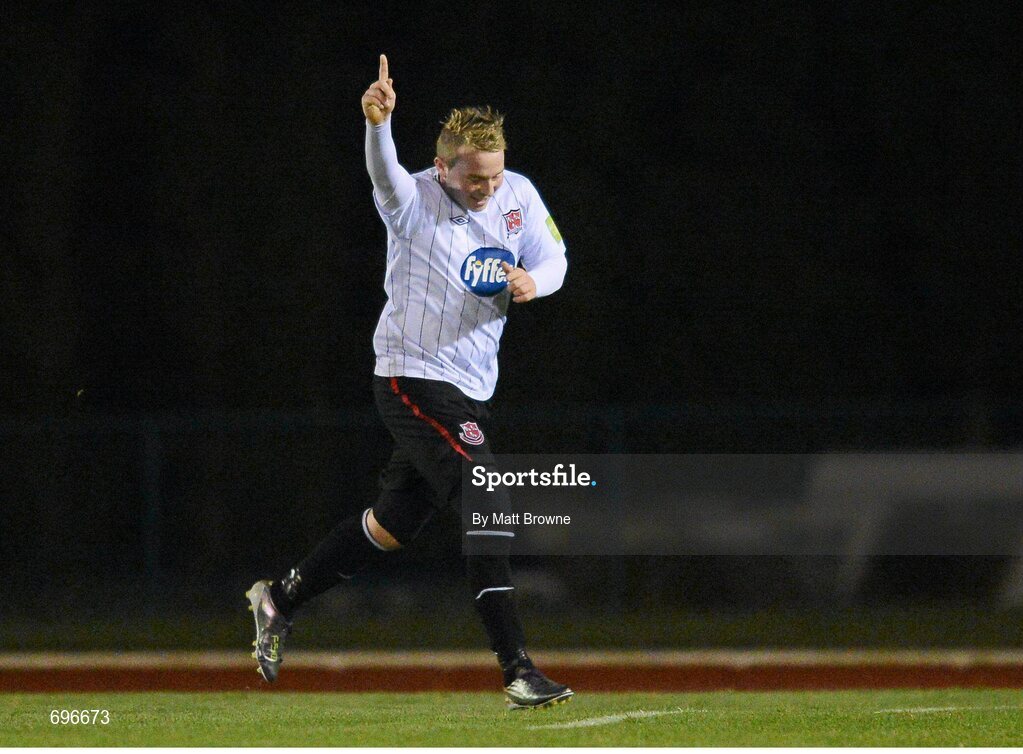 2 November 2012; Michael Rafter, Dundalk, celebrates after scoring his side's second goal. Airtricity League Promotion / Relegation Play-Off Final, 2nd Leg, Waterford United v Dundalk, RSC, Waterford. Picture credit: Matt Browne / SPORTSFILE