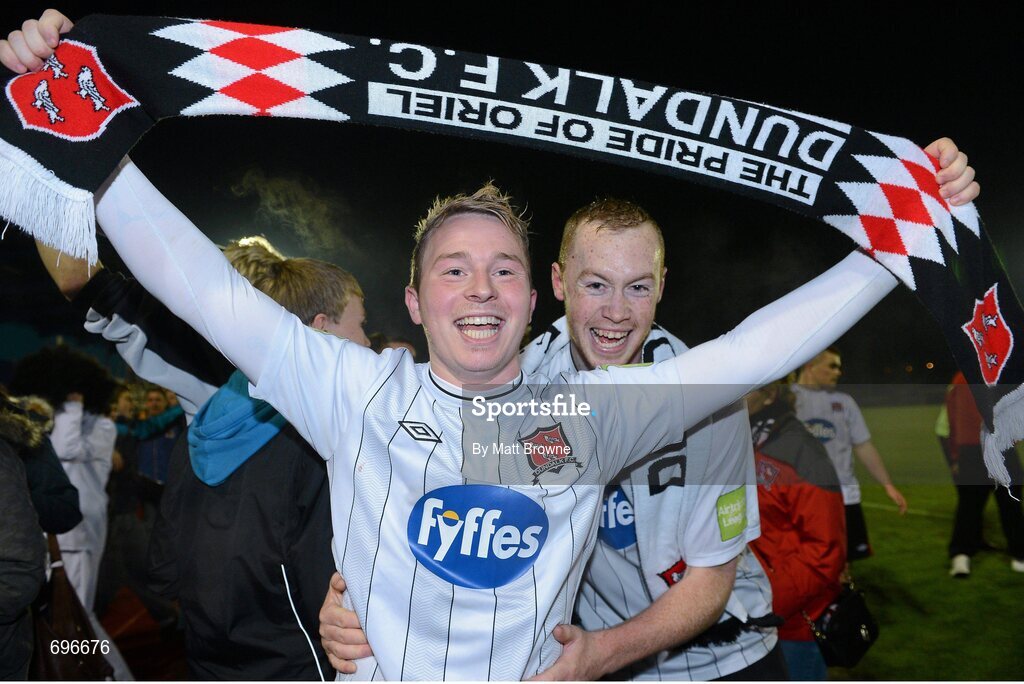 2 November 2012; Michael Rafter, Dundalk, celebrates with team-mate Chris Shields, right, after the final whistle. Airtricity League Promotion / Relegation Play-Off Final, 2nd Leg, Waterford United v Dundalk, RSC, Waterford. Picture credit: Matt Browne / SPORTSFILE