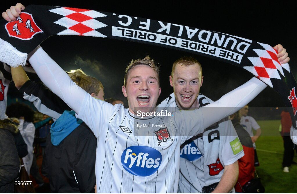 2 November 2012; Michael Rafter, Dundalk, celebrates with team-mate Chris Shields, right, after the final whistle. Airtricity League Promotion / Relegation Play-Off Final, 2nd Leg, Waterford United v Dundalk, RSC, Waterford. Picture credit: Matt Browne / SPORTSFILE