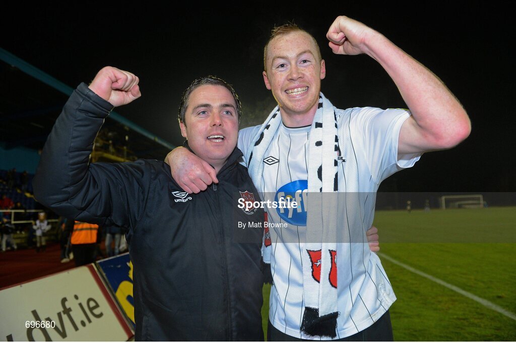 2 November 2012; Dundalk manager Darius Kierans, left, celebrates with Chris Shields after the final whistle. Airtricity League Promotion / Relegation Play-Off Final, 2nd Leg, Waterford United v Dundalk, RSC, Waterford. Picture credit: Matt Browne / SPORTSFILE