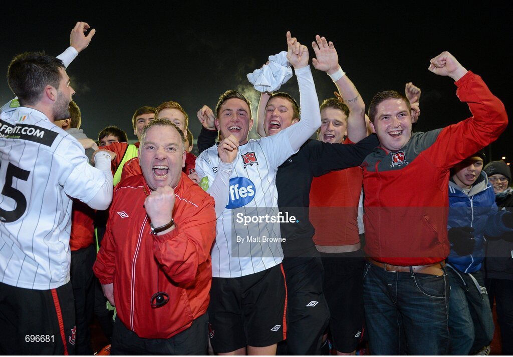 2 November 2012; Dundalk players and supporters celebrates after the final whistle. Airtricity League Promotion / Relegation Play-Off Final, 2nd Leg, Waterford United v Dundalk, RSC, Waterford. Picture credit: Matt Browne / SPORTSFILE