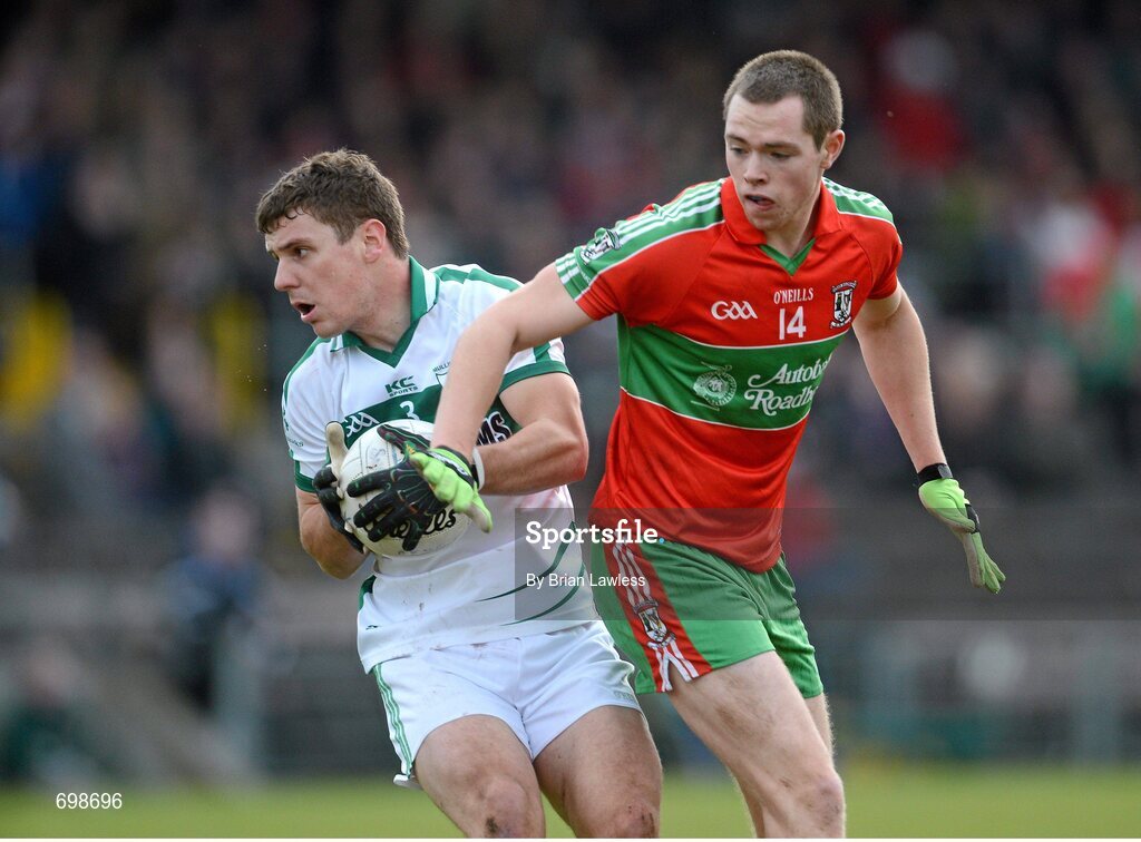 11 November 2012; Kieran Gavin, Mullingar Shamrocks, in action against Dean Rock, Ballymun Kickhams. AIB Leinster GAA Football Senior Championship Quarter-Final, Mullingar Shamrocks, Westmeath v Ballymun Kickhams, Dublin, Cusack Park, Mullingar, Co. Westmeath. Picture credit: Brian Lawless / SPORTSFILE