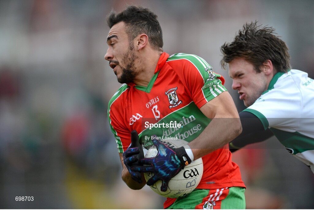 11 November 2012; Ted Furman, Ballymun Kickhams, in action against Aaron Purcell, Mullingar Shamrocks. AIB Leinster GAA Football Senior Championship Quarter-Final, Mullingar Shamrocks, Westmeath v Ballymun Kickhams, Dublin, Cusack Park, Mullingar, Co. Westmeath. Picture credit: Brian Lawless / SPORTSFILE