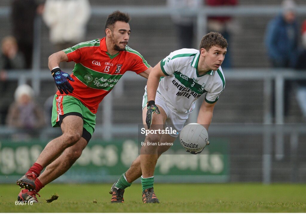 11 November 2012; Kieran Gavin, Mullingar Shamrocks, in action against Ted Furman, Ballymun Kickhams. AIB Leinster GAA Football Senior Championship Quarter-Final, Mullingar Shamrocks, Westmeath v Ballymun Kickhams, Dublin, Cusack Park, Mullingar, Co. Westmeath. Picture credit: Brian Lawless / SPORTSFILE