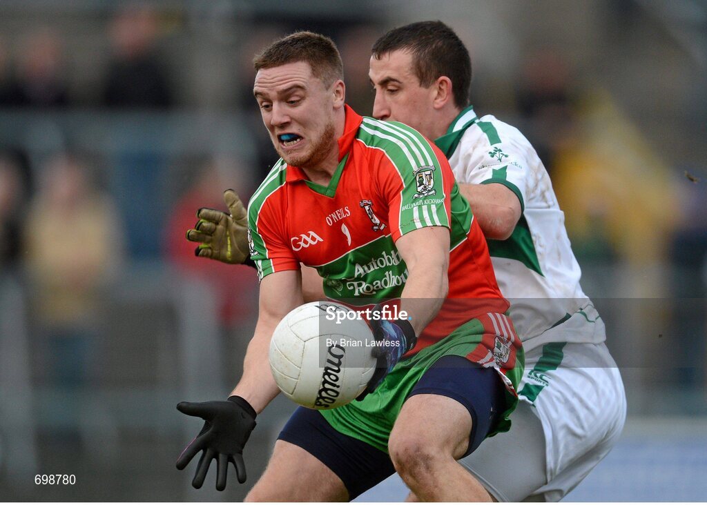 11 November 2012; Davy Byrne, Ballymun Kickhams, in action against Micheal Curley, Mullingar Shamrocks. AIB Leinster GAA Football Senior Championship Quarter-Final, Mullingar Shamrocks, Westmeath v Ballymun Kickhams, Dublin, Cusack Park, Mullingar, Co. Westmeath. Picture credit: Brian Lawless / SPORTSFILE