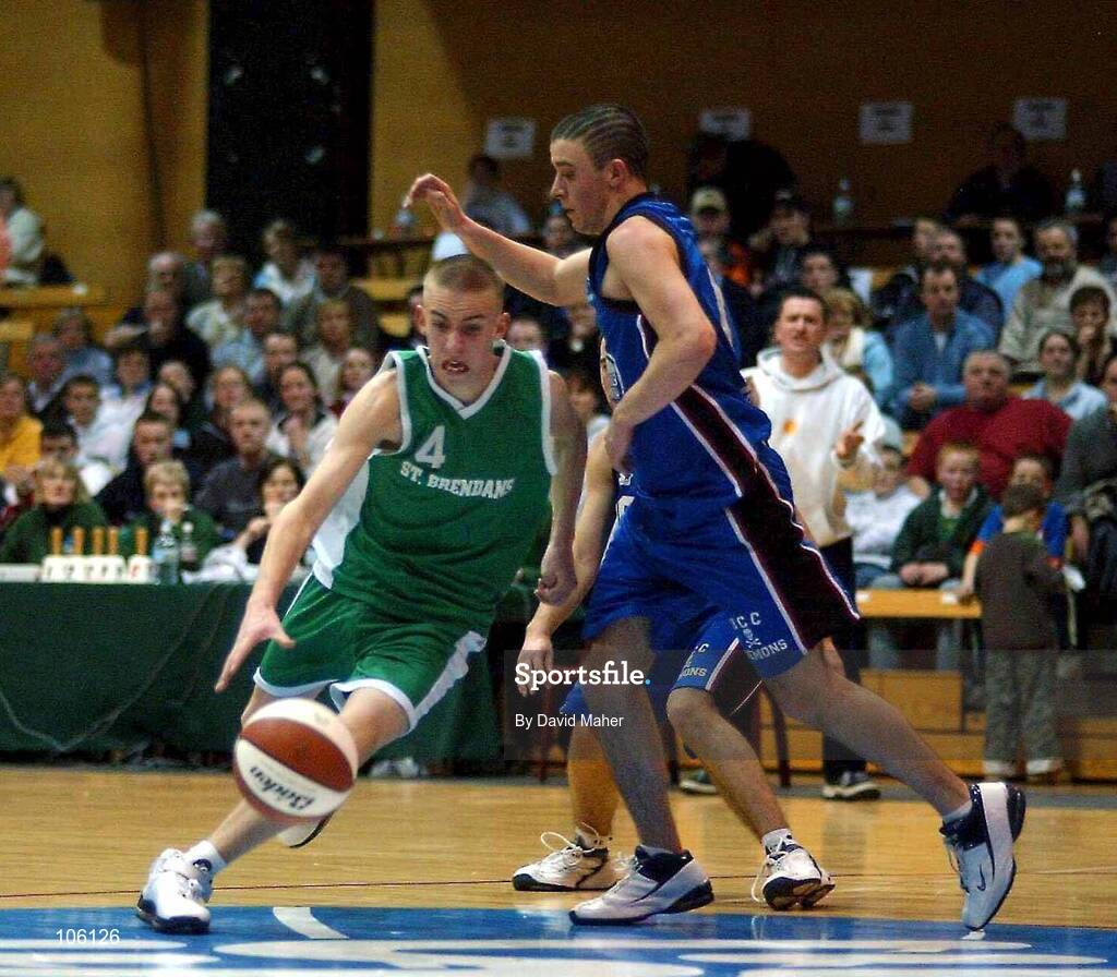 31 January 2003; Cathal O'Sullivan, St. Brendan's, in action against Brian O'Neill, Mardyke UCC Demons . Mardyke UCC Demons v St.Brendan's. ESB National Cup 2003 Junior men semi-final, ESB Arena, Tallaght, Co. Dublin. Picture credit; David Maher / SPORTSFILE *EDI*