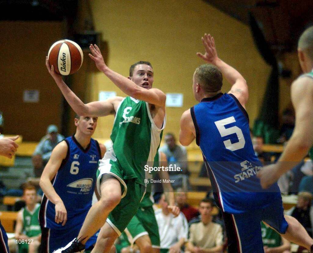 31 January 2003; Sean Carroll, St. Brendan's, in action against Stuart Rodgers, Mardyke UCC Demons. Mardyke UCC Demons v St.Brendan's.  ESB National Cup 2003 Junior men semi-final, ESB Arena, Tallaght, Co. Dublin. Picture credit; David Maher / SPORTSFILE *EDI*