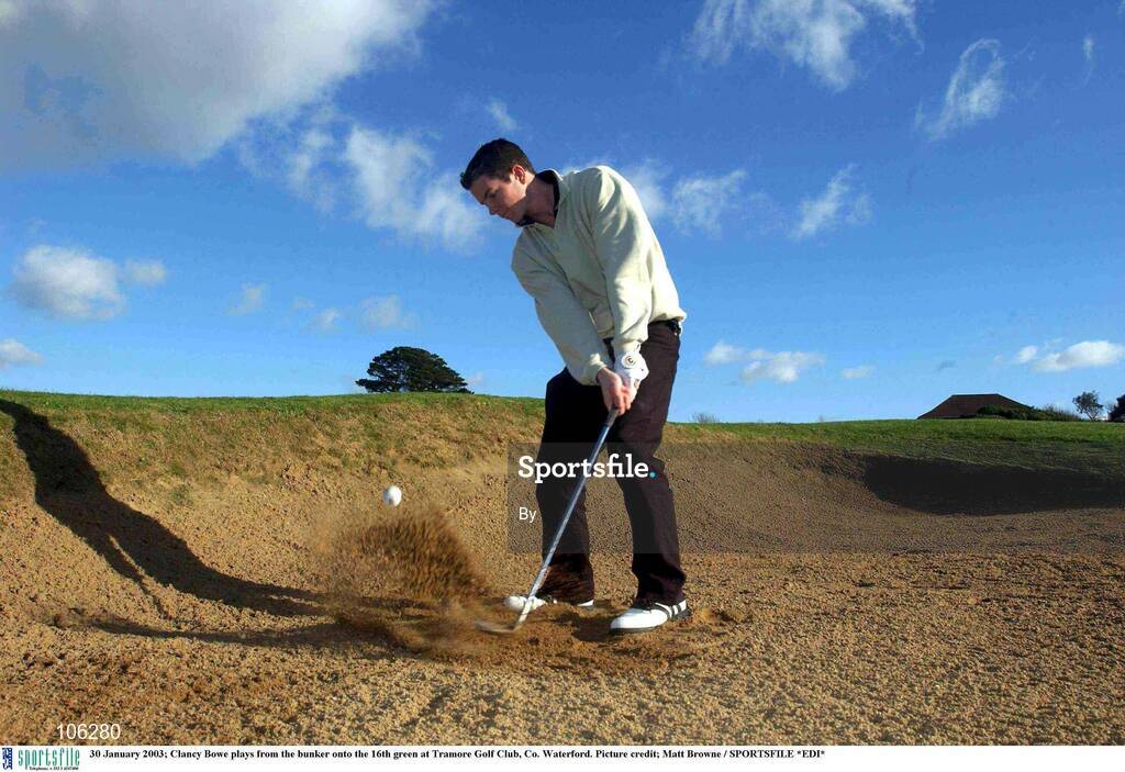 30 January 2003; Clancy Bowe plays from the bunker onto the 16th green at Tramore Golf Club, Co. Waterford. Picture credit; Matt Browne / SPORTSFILE *EDI*