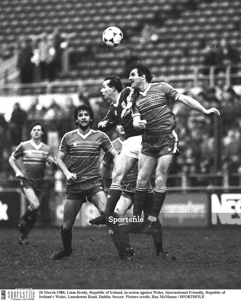 26 March 1986; Liam Brady, Republic of Ireland, in action against Wales. International Friendly, Republic of Ireland v Wales, Lansdowne Road, Dublin. Soccer. Picture credit; Ray McManus / SPORTSFILE