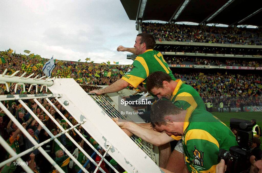 26 September 1999; Meath players, from left, Evan Kelly, Darren Fay and Nigel Crawford celebrate their side's victory in the GAA Football All-Ireland Senior Championship Final match between Meath and Cork at Croke Park in Dublin. Photo by Ray Lohan/Sportsfile