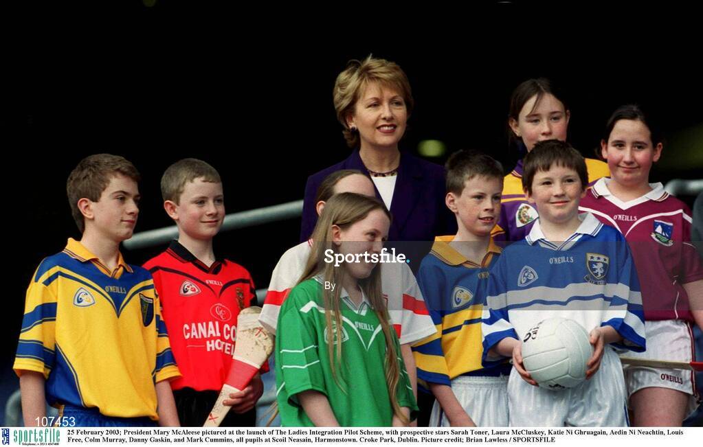 25 February 2003; President Mary McAleese pictured at the launch of The Ladies Integration Pilot Scheme, with prospective stars Sarah Toner, Laura McCluskey, Katie Ni Ghruagain, Aedin Ni Neachtin, Louis Free, Colm Murray, Danny Gaskin, and Mark Cummins, all pupils at Scoil Neasain, Harmonstown. Croke Park, Dublin. Picture credit; Brian Lawless / SPORTSFILE