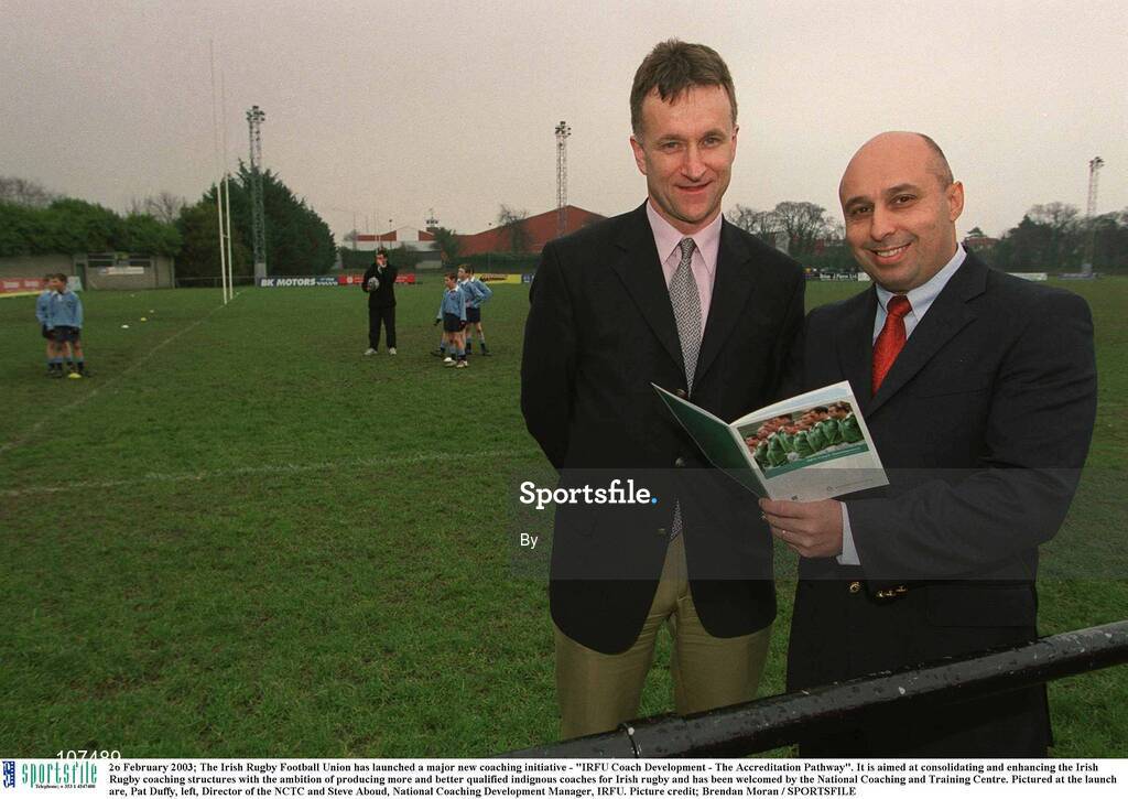 26 February 2003; The Irish Rugby Football Union has launched a major new coaching initiative - "IRFU Coach Development - The Accreditation Pathway". It is aimed at consolidating and enhancing the Irish Rugby coaching structures with the ambition of producing more and better qualified indignous coaches for Irish rugby and has been welcomed by the National Coaching and Training Centre. Pictured at the launch are, Pat Duffy, left, Director of the NCTC and Steve Aboud, National Coaching Development Manager, IRFU. Picture credit; Brendan Moran / SPORTSFILE