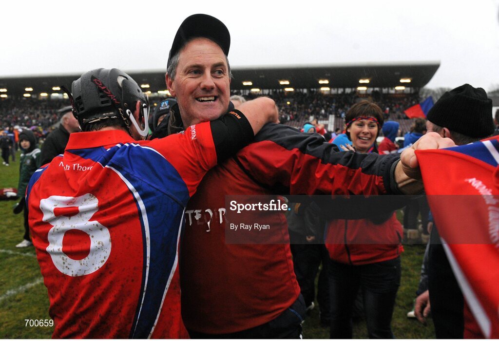 18 November 2012; , St. Thomas manager John Burke is congratulated by Kenneth Burke after the match. Galway County Senior Hurling Championship Final, Loughrea v St. Thomas, Pearse Stadium, Galway. Picture credit: Ray Ryan / SPORTSFILE