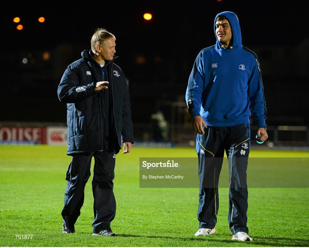 23 November 2012; Leinster head coach Joe Schmidt in conversation with Quinn Roux ahead of the game. Celtic League 2012/13, Round 9, Glasgow Warriors v Leinster, Scotstoun Stadium, Glasgow, Scotland. Picture credit: Stephen McCarthy / SPORTSFILE