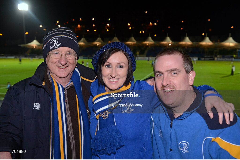 23 November 2012; Leinster supporters, from left, Frank Cullen, Aisling O'Connor and Jarrod Bromley ahead of the game. Celtic League 2012/13, Round 9, Glasgow Warriors v Leinster, Scotstoun Stadium, Glasgow, Scotland. Picture credit: Stephen McCarthy / SPORTSFILE