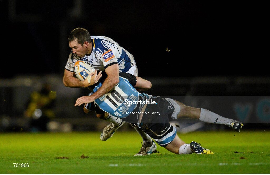 23 November 2012; Andrew Goodman, Leinster, is tackled by Ruaridh Jackson, Glasgow Warriors. Celtic League 2012/13, Round 9, Glasgow Warriors v Leinster, Scotstoun Stadium, Glasgow, Scotland. Picture credit: Stephen McCarthy / SPORTSFILE