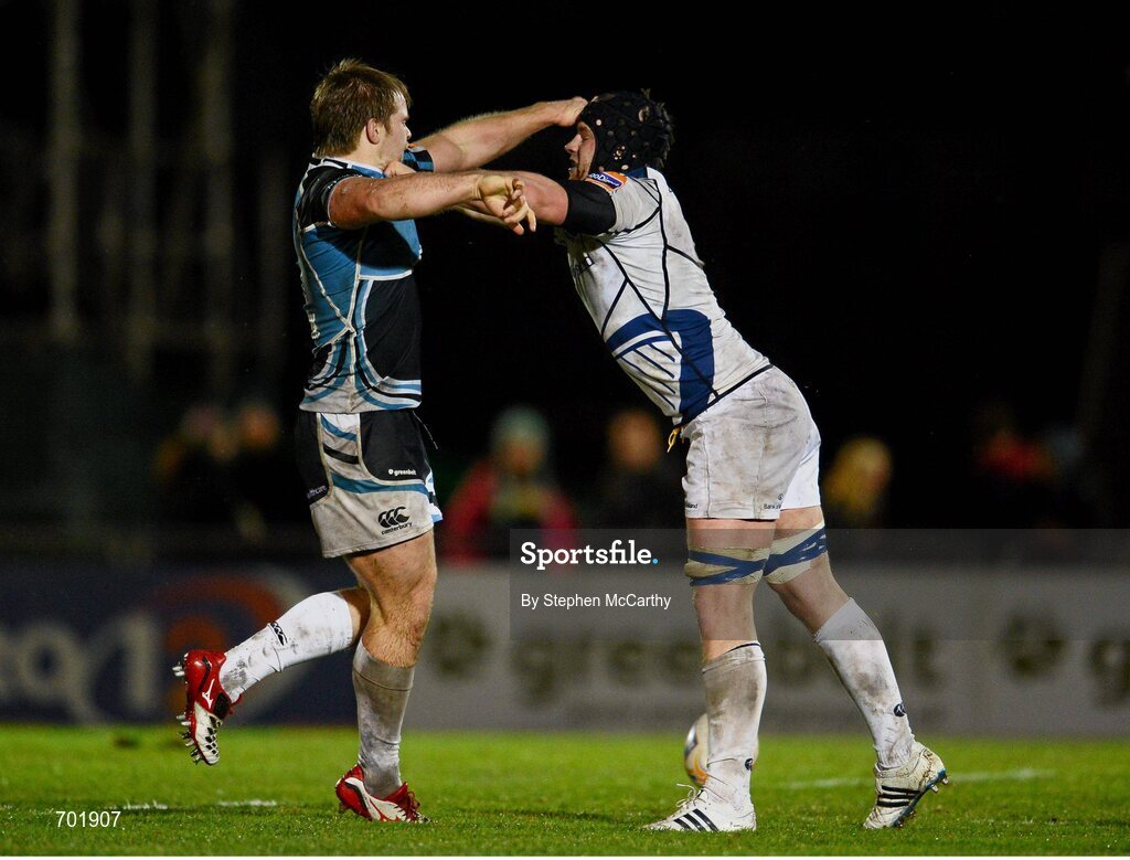 23 November 2012; Sean O'Brien, Leinster, and Pat MacArthur, Glasgow Warriors, tussle off the ball. Celtic League 2012/13, Round 9, Glasgow Warriors v Leinster, Scotstoun Stadium, Glasgow, Scotland. Picture credit: Stephen McCarthy / SPORTSFILE