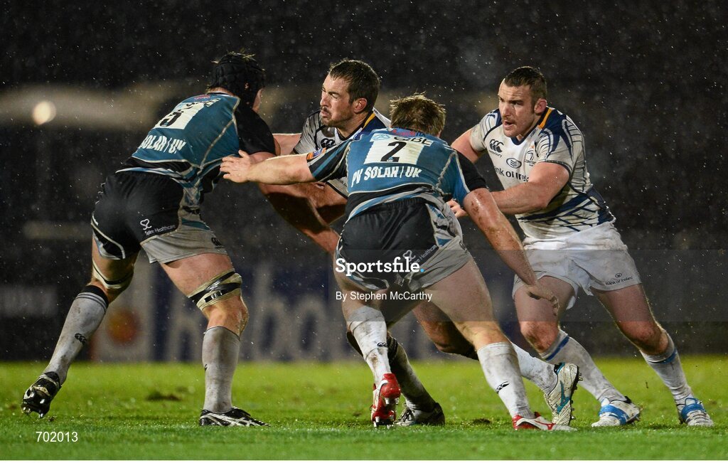 23 November 2012; Andrew Goodman, Leinster, with support from team-mate Aaron Dundon is tackled by Tom Ryder, left, and Pat MacArthur, Glasgow Warriors. Celtic League 2012/13, Round 9, Glasgow Warriors v Leinster, Scotstoun Stadium, Glasgow, Scotland. Picture credit: Stephen McCarthy / SPORTSFILE