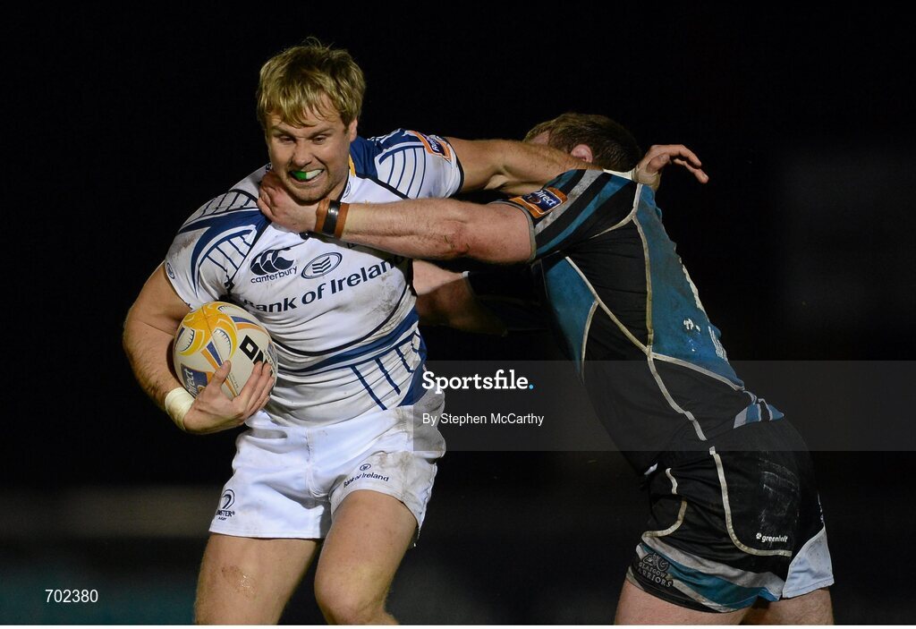 23 November 2012; Fionn Carr, Leinster, is tackled by Chris Fusaro, Glasgow Warriors. Celtic League 2012/13, Round 9, Glasgow Warriors v Leinster, Scotstoun Stadium, Glasgow, Scotland. Picture credit: Stephen McCarthy / SPORTSFILE